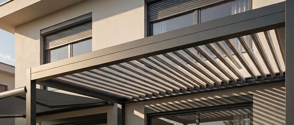 Pergola bioclimatique à lames orientables posée contre une maison contemporaine